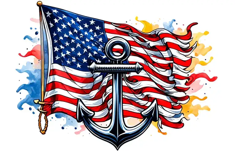 Navy Anchor Combined With American Flag Waving