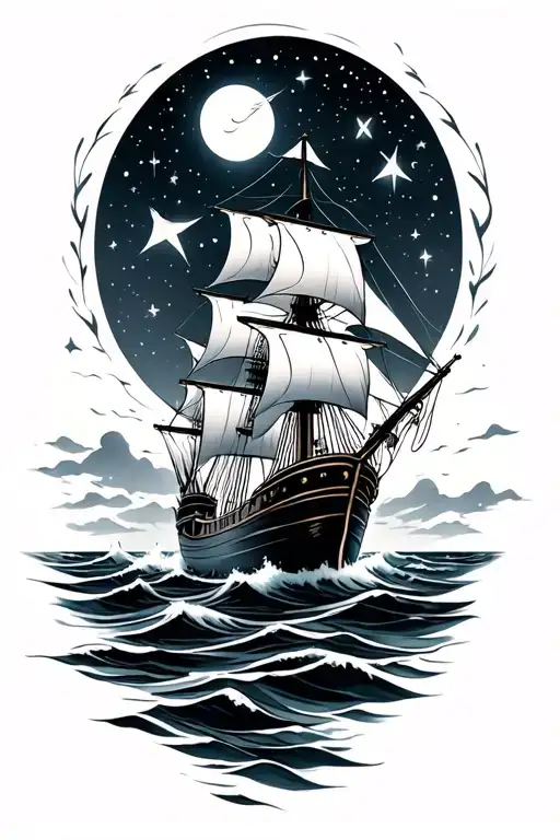 Clipper Ship Sailing Through Sea Under The Stars Shining