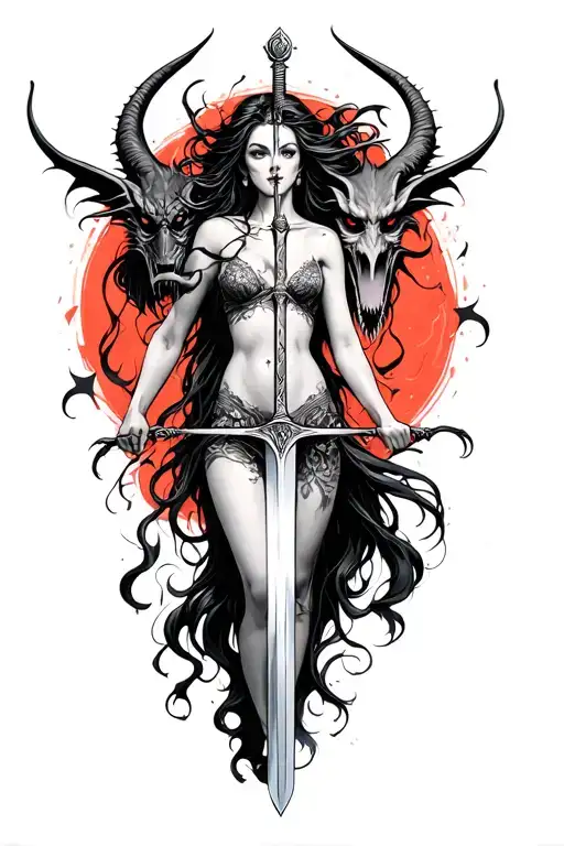 Woman Defeating Demons With Sword Piercing
