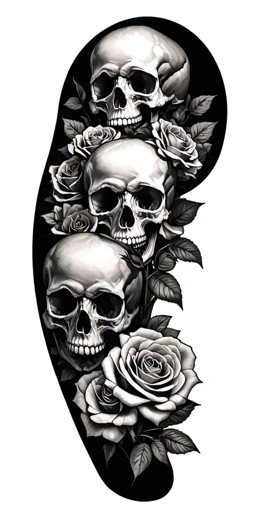 Two Skulls 30 Roses Blooming Down Arm