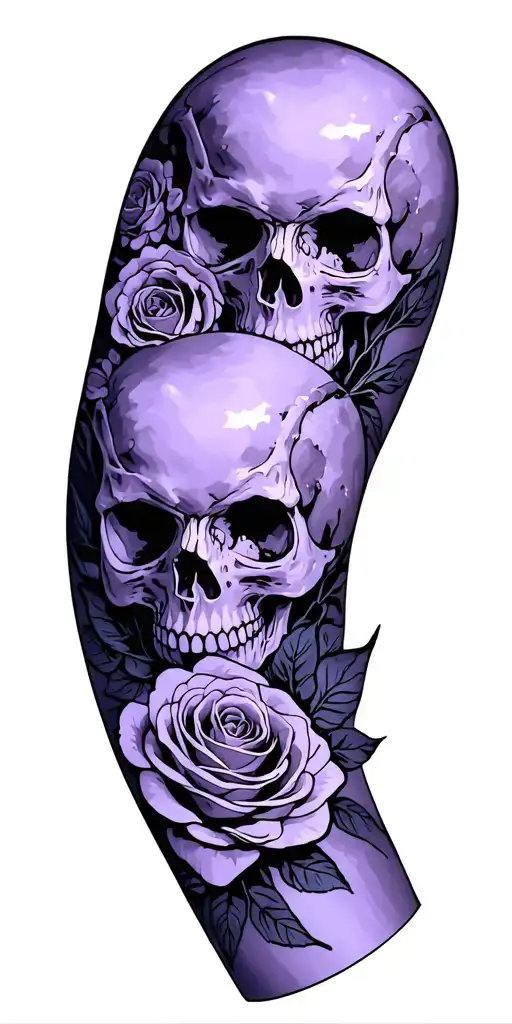 Two Skulls 30 Roses Blooming Down Arm