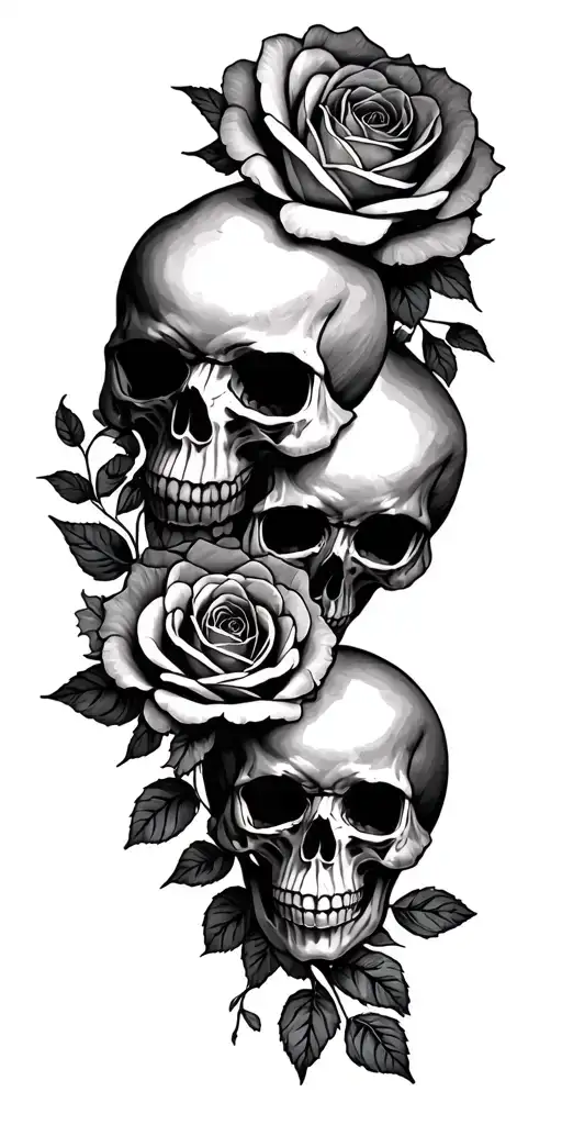 2 Skulls 30 Roses Blooming Down Arm
