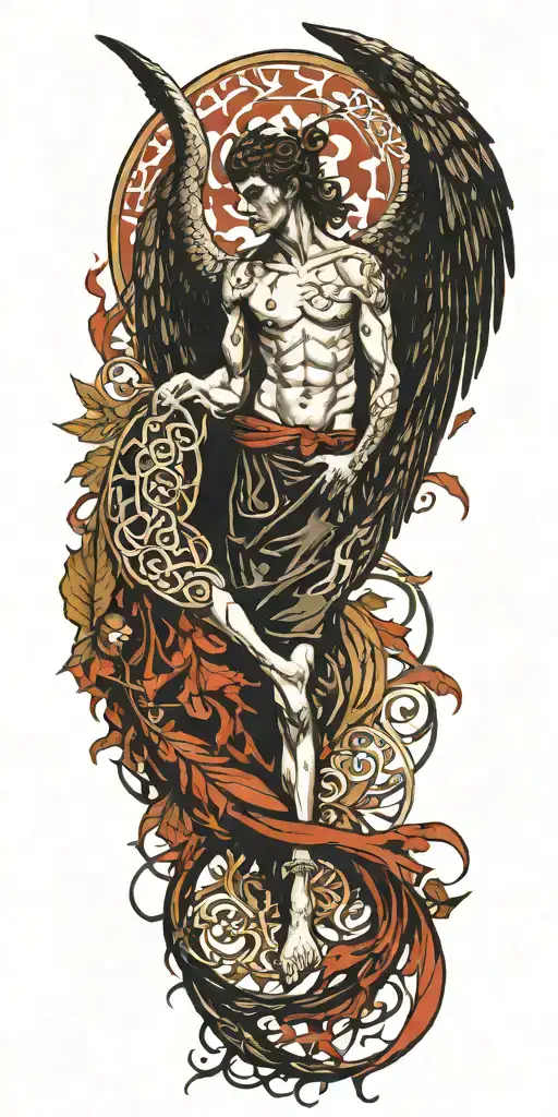 Skinny Lucifer Franz Von Stuck With Wings Surrounded By Celtic Leaves