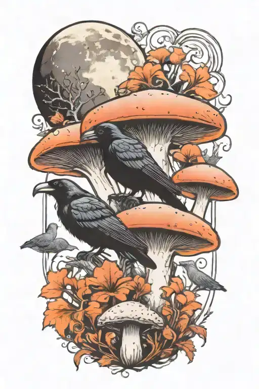 Colorful Mushrooms And Raven With Moon