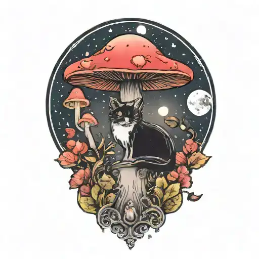 Colorful Mushroom With Black Cat And Moon