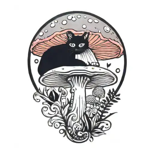 Colorful Mushroom With Black Cat