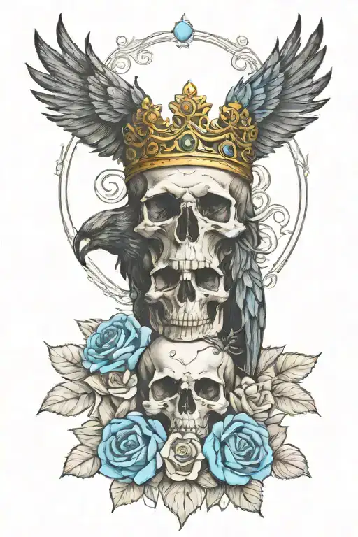 Raven Wearing Crown With Blue Rose And Skull