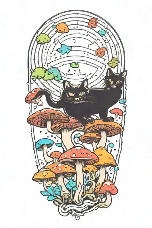 Black Cat And Trippy Colorful Mushrooms With Moon Melting