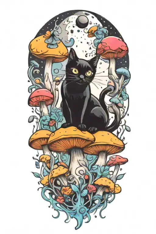 Black Cat And Trippy Colorful Mushrooms With Moon Melting