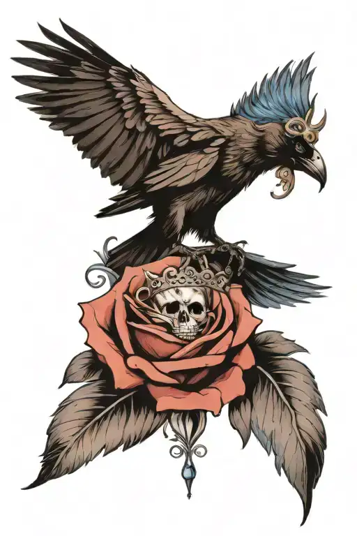 Raven Wearing Crown With Blue Rose And Skull