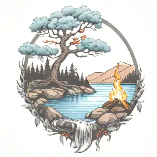 A Rowan Berry Tree And A Campfire Beside A River Waterfalling Down The Front