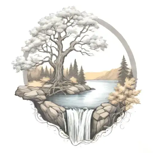 A River With A Campfire And A Rowan Tree On Either Side Of It Waterfalls Down The Front