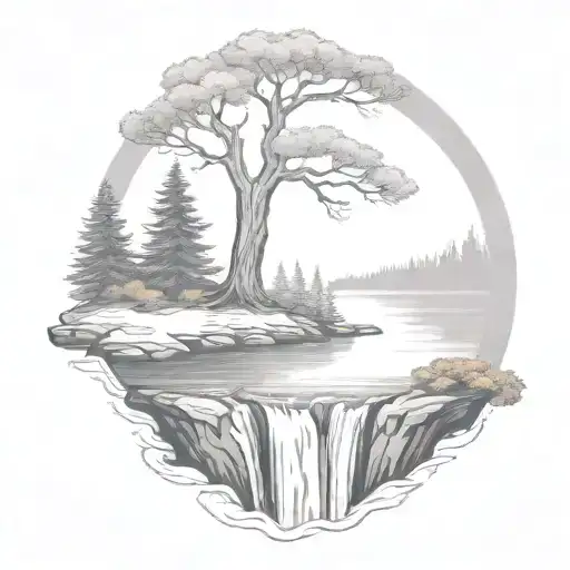 A River With A Campfire And A Rowan Tree On Either Side Of It Waterfalls Down The Front