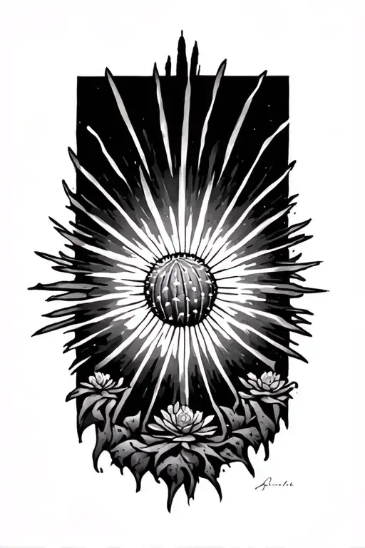 Sun Rays Rising Desert Landscape With One Cactus