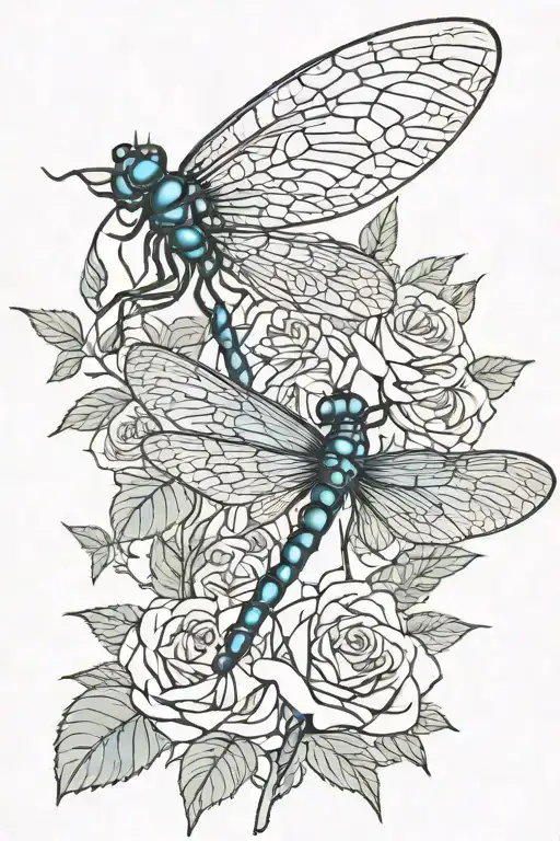 Blue Dragonfly On A Rose Bouquet