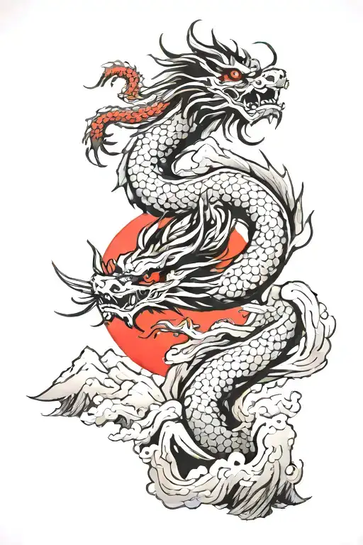 Japanese Dragon Above Mountains With Red Sun