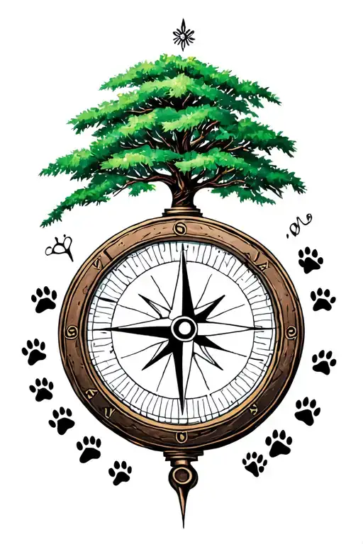 Compass With Paw Prints And A Tree