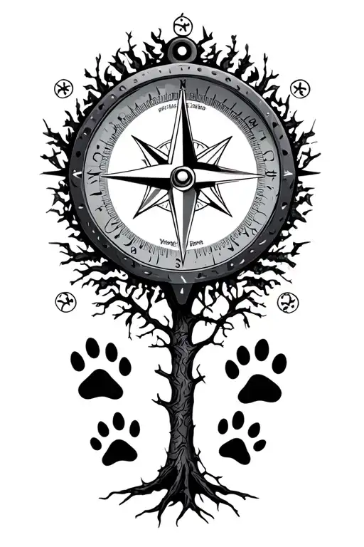 Compass With Paw Prints And A Tree