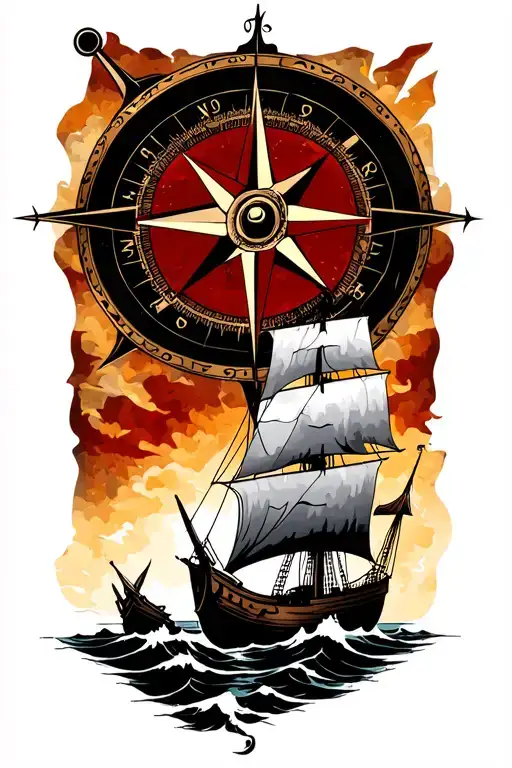 Compass In The Background With A Viking Ship Sailing Towards