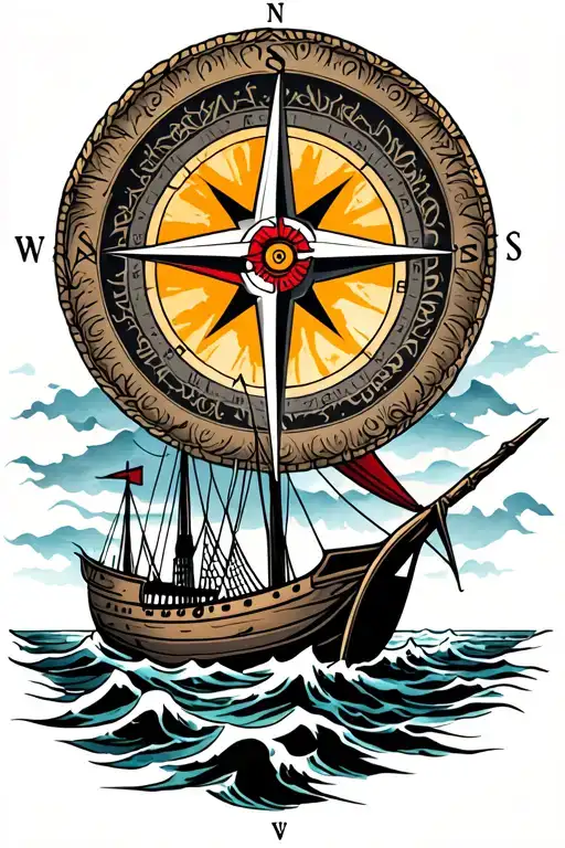 Nordic Compass In The Background With A Viking Ship Sailing Towards