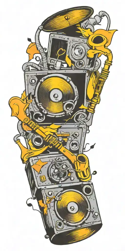 Musical Instruments And Speaker Playing Colorful Sounds Of Music