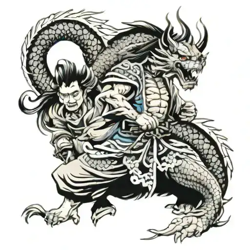 Samurai Warrior And Japanese Demon Intertwined With A Dragon