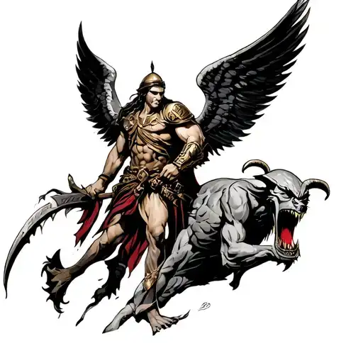 Spartan Warrior Angel Slaying A Demon