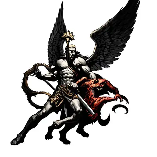 Spartan Warrior Angel Slaying A Demon