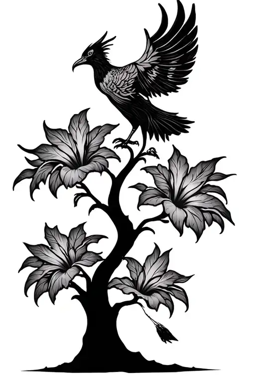 Psychedelic Hibiscus Tree And Small Phoenix Silhoette Behind The Tree