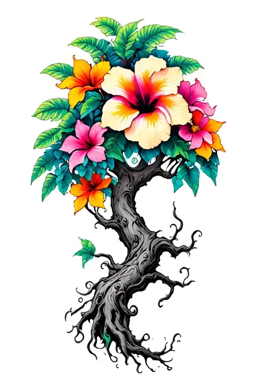 Psychedelic Tree And Hibiscus Flowers