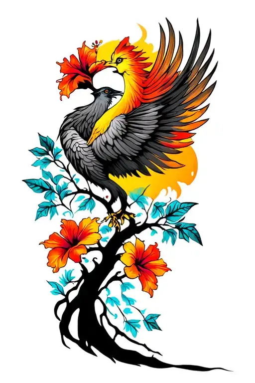 Psychedelic Hibiscus Tree And Phoenix Silhoette