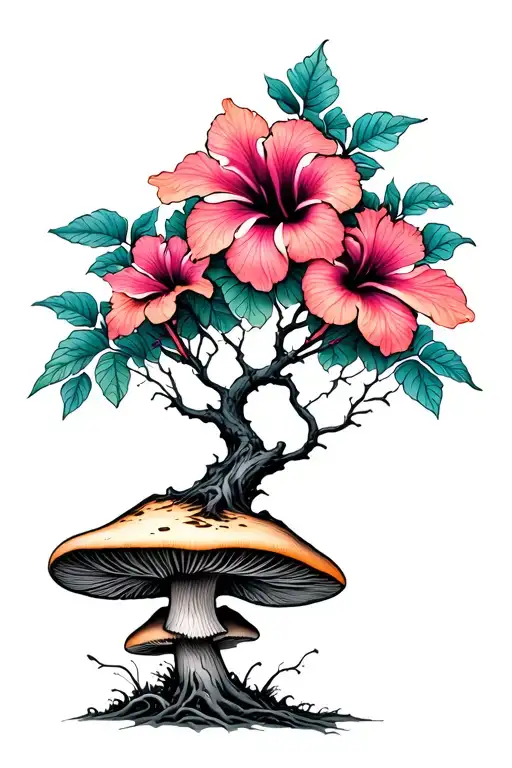 Psychedelic Hibiscus Tree With Mushrooms At Bottom