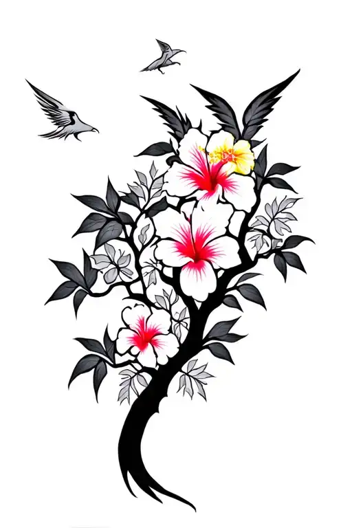 Psychedelic Hibiscus Tree And Phoenix Silhoette