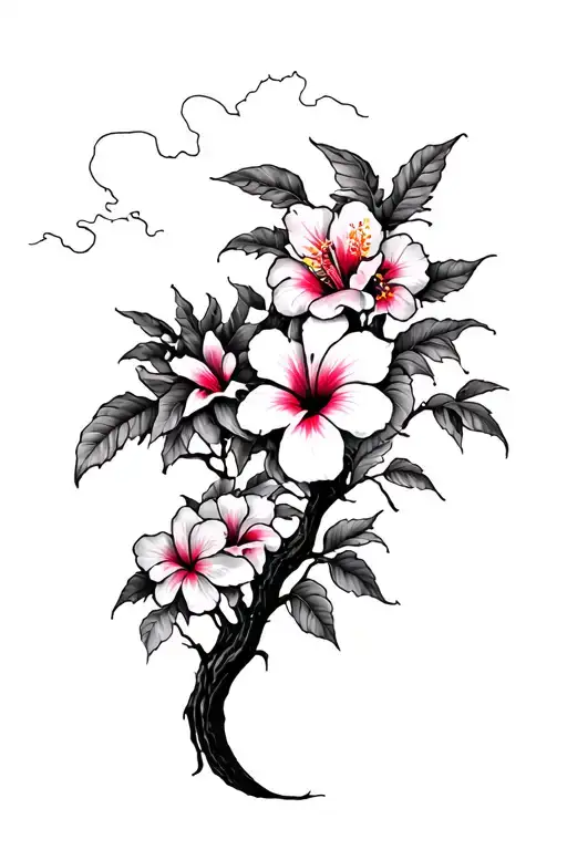 Psychedelic Tree And Hibiscus Flowers