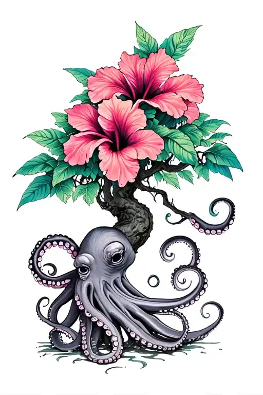 Psychedelic Hibiscus Tree With Octopus Wrapped Loosely
