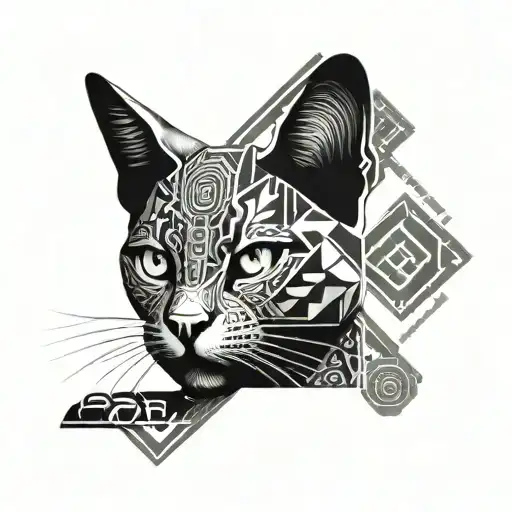 A Realistic Portrait Of A Cat With Aztec Symbols Incorporated Into The Design