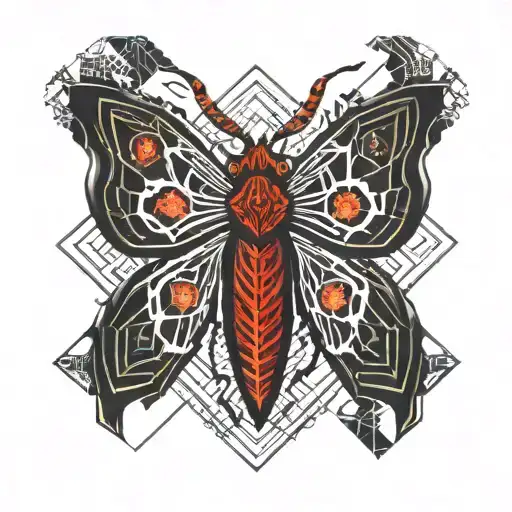 Black And Red Cecropia Moth In Center Surrounded By Geometric Design