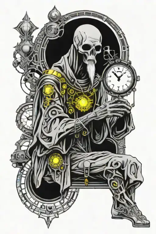 Grey Alien Acting As Father Time With A Clock In Psychedelic Style