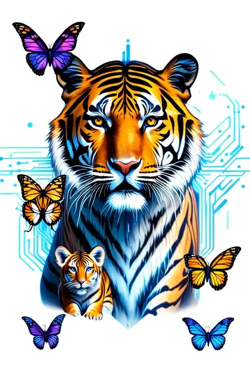 Father Tiger With 2 Cubs And 2 Butterflys Souronding