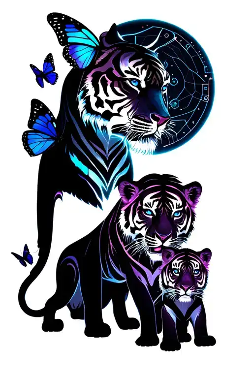 Father Tiger With Two Cubs And 2 Butterflys Souronding