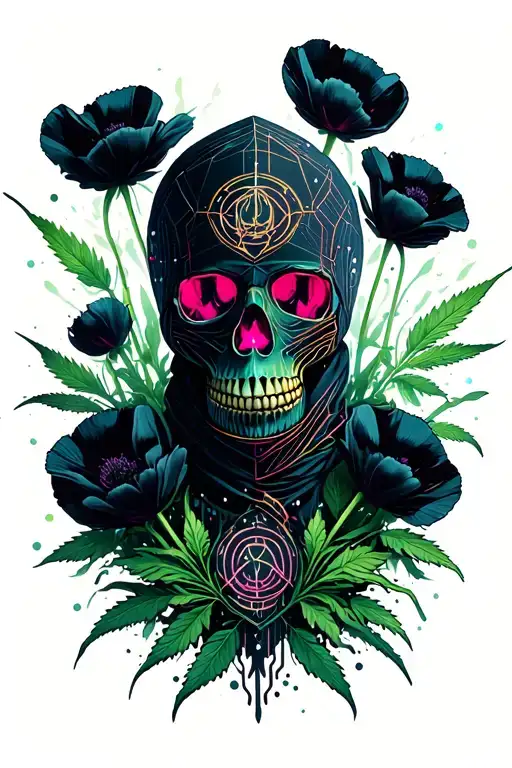 A Skull Wearing A Balaklava Surrounded By Black Opium Poppies And Weed Plants