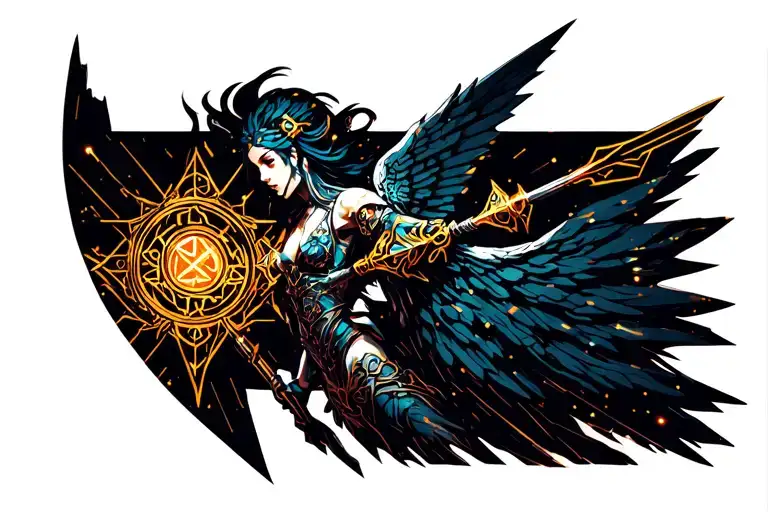 In Battle A Valkyrie With A Spear Pointing Downwards Stroke