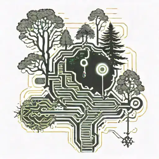 A Hiking Trail Winding Through A Forest With Electrical Symbols Hidden In The Trees