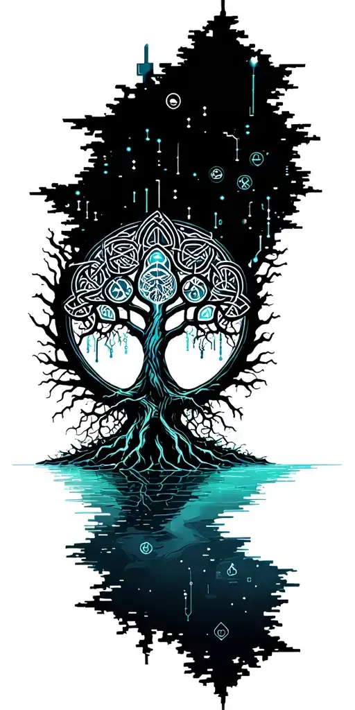 Celtic Tree Of Life With Roots Growing Into A Lake