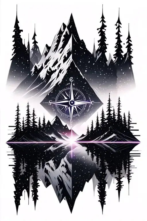Mountain Scene With Compass Rose Intertwined