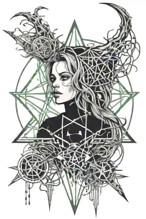A Witch With Disheveled Hair On The Background Of A Pentagram With Symbols