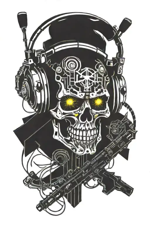 Cybernetic Circuit Skull Wearing Headphones With Rifles Crossbones