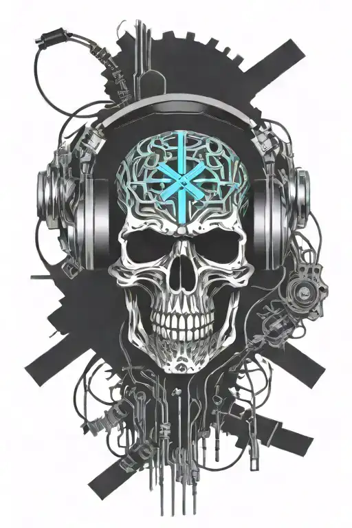 Cybernetic Circuit Skull Wearing Headphones With Rifles Crossbones Military