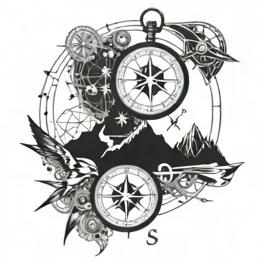 Compass Pocket Watch Anchor Swallow And Mountains