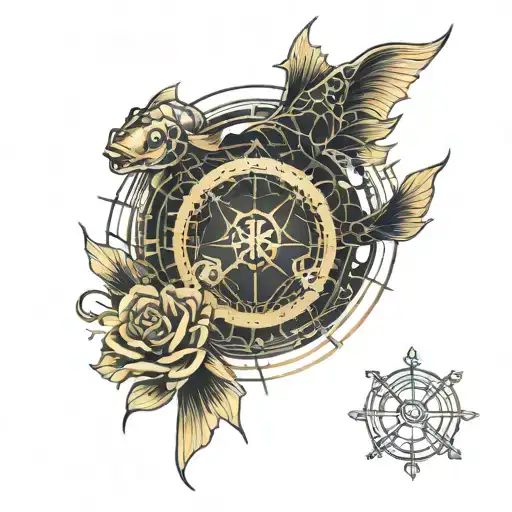 Gold And Black Compass And Koi Fish